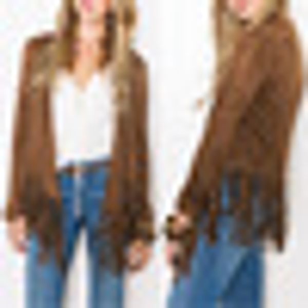 

autumn spring women coat boho long sleeve v-neck solid color tassel fringed coat casual vogue vacation jacket, Black;brown