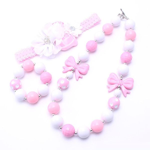 Neuestes Design, niedliches rosa Schleife-Halsketten-Armband-Stirnband-3-teiliges Schmuckset für Kleinkinder, Mädchen, Kaugummi, Baby-Kind-Klumpen-Halsketten-Schmuckset