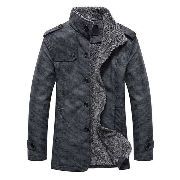 

casual winter men's leather jackets fleece stand collar long coats, Black