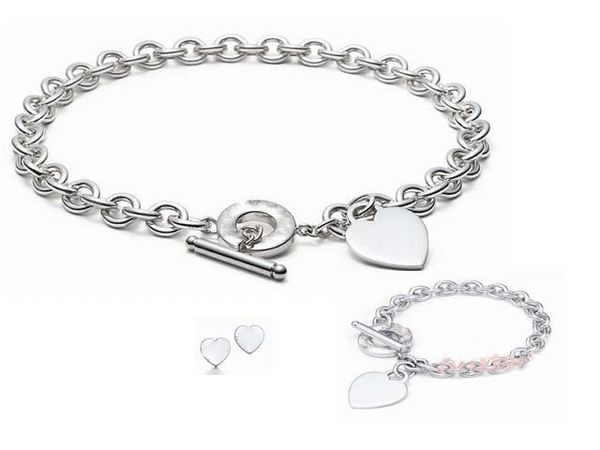 

2019 silver thick chian single heart plate single ring stainless steel pendant necklaces and bracelet earring studsuit with box and dastbag