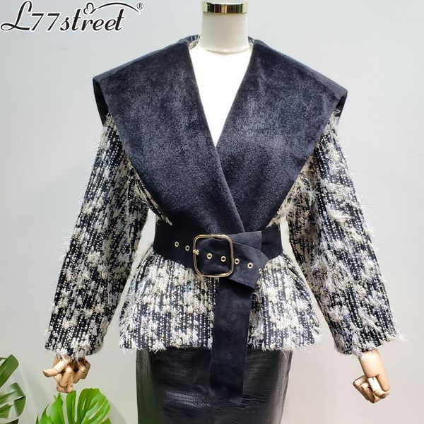 

l77street gold thread weaving small tweed british wind big fur collar long sleeve coat autumn, Black