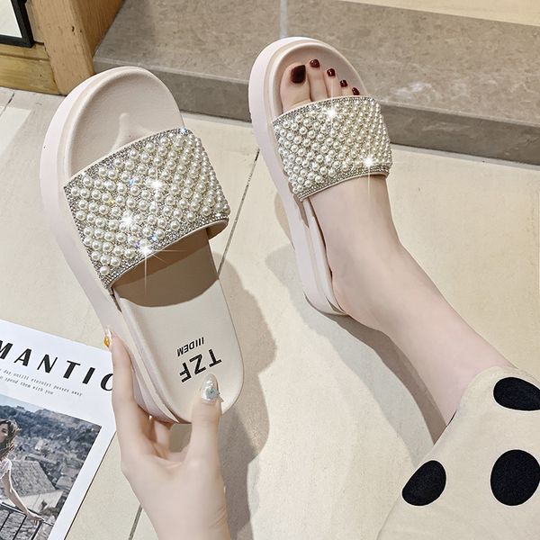 

med shoes house slippers platform slipers women slides string bead flat 2020 summer cotton fabric pu fashion, Black