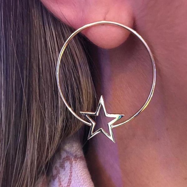 

personality super big circles hoop earrings for women fashion gold color jewelry trendy retro big round circle star earri, Golden;silver