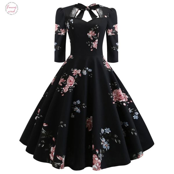 

sweetheart neck vintage women dress pin up swing floral half sleeves bowknot vestidos evening party rockabilly dress, Black;gray