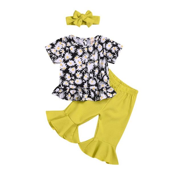 

wholesale baby girl designer clothes sunflower printed short-sleeved t-shirt kids designer clothes girls bell trousers three-piece suit by96, White