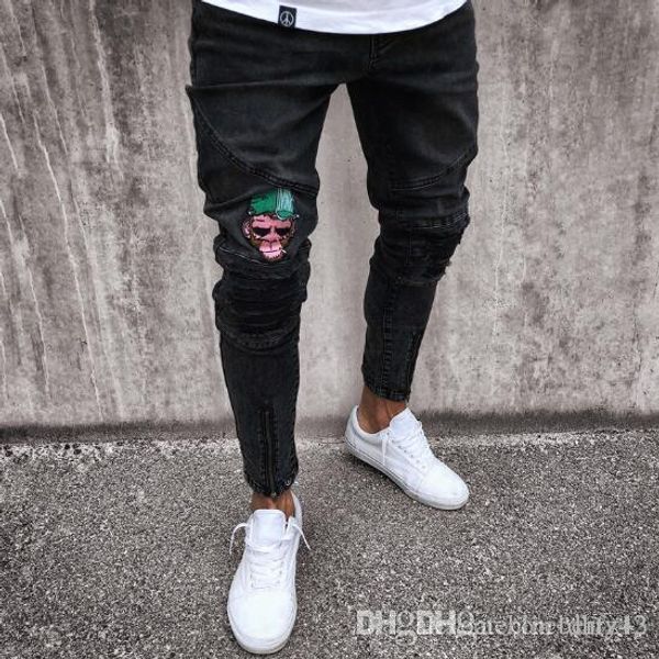

2019 new european style mens jeans biker high street slim fit jeans mens distressed denim skinny washed embroidered jeans, Blue