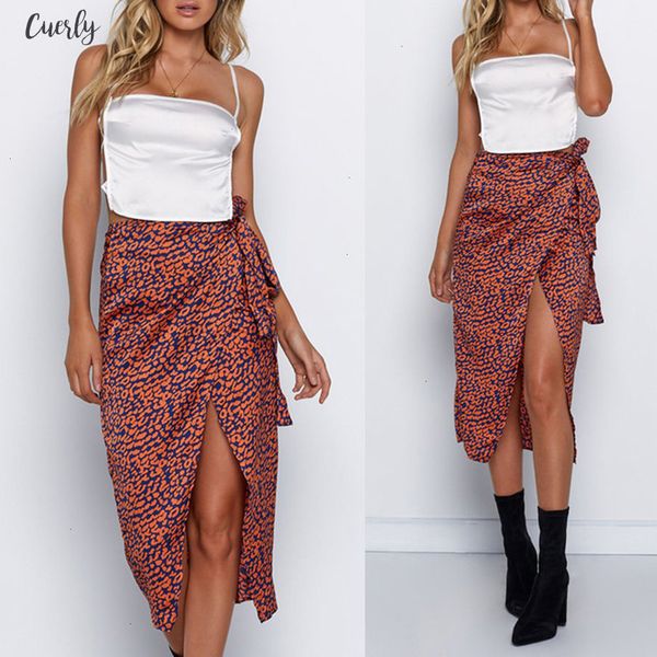 

summer new casual chiffon print mid calf skirts women print high waist irregular split bandage pencil skirt falda mujer c, Black