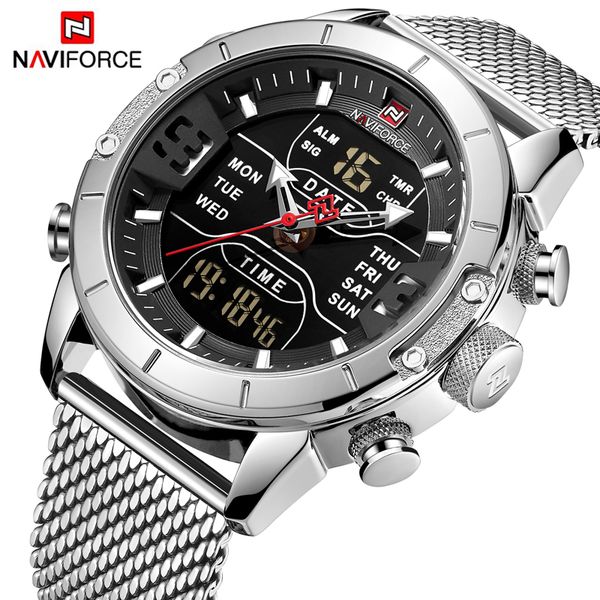 

naviforce men analog digital watches mens sport quartz watch male dual display waterproof clock relogio masculino, Slivery;brown