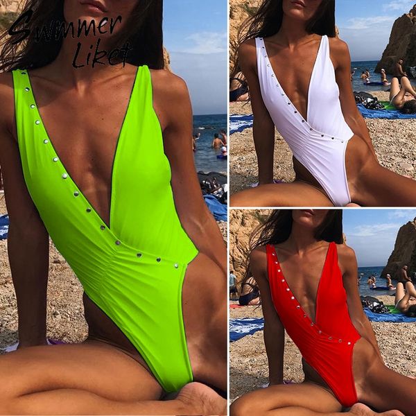 

deep v-neck white swimwear women 2019 monokini string push up swimsuit one piece bodysuit thong bikini extreme bathing suit