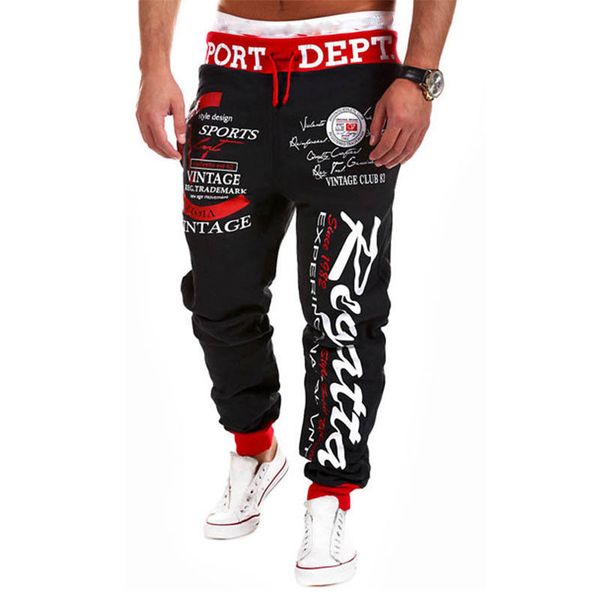 

new 2019 casual joggers letter printed pants men cotton elastic long trousers low waist lace up cargo pencil pants men leggings, Black