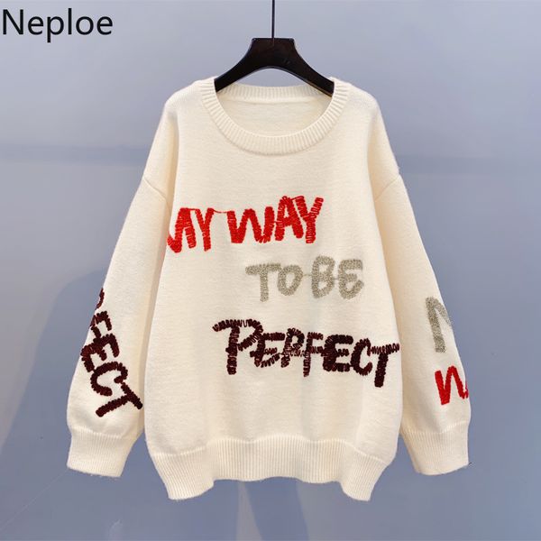 

neploe women sweater letters pattern jacquard pull jumpers 2019 autumn winter knitted pullovers long sleeve knitting 55039, White;black