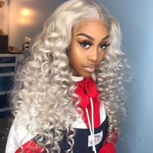 

lace wigs grey front human hair 13x4 pre plucked 613 blonde blue pink #1b for black women brazilian remy water wave, Black;brown