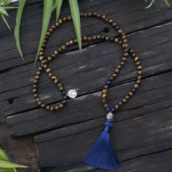 

100% 8mm natural beads,tigers eye,chrysocolla,japamala,yoga necklace,spiritual jewelry,chakras mala,meditation, 108 mala beads, Silver