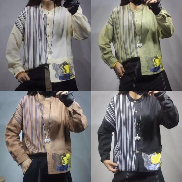 

joint stripes contrast color cotton linen shirt women 's loose -fit casual versatile shirt women blouses long sleeve blouse, White