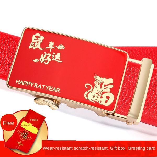 

lucky year of the rat men's red belt young men's belt lucky year red automatic buckle zx-830, Black;brown