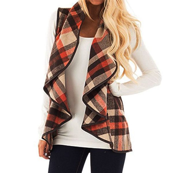 

autumn office ladies vest sleeveless turn down neck open front jacket check plaid cardigan casual women long waistcoat 2019 coat, Black;white