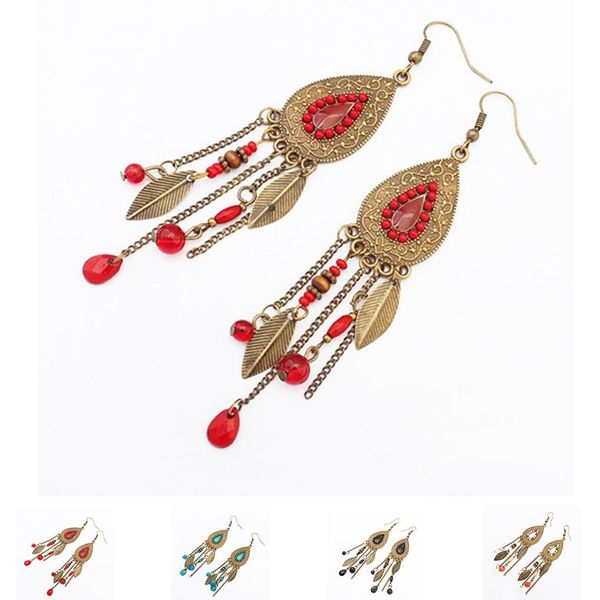 

popular women girls oval leaves alloy hook ear studs tassels beads long earrings, Golden;silver