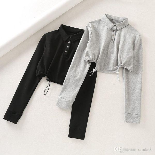 

autumn women casual gray short t shirts long sleeve female black front buttons crop loose cotton tee jumpers