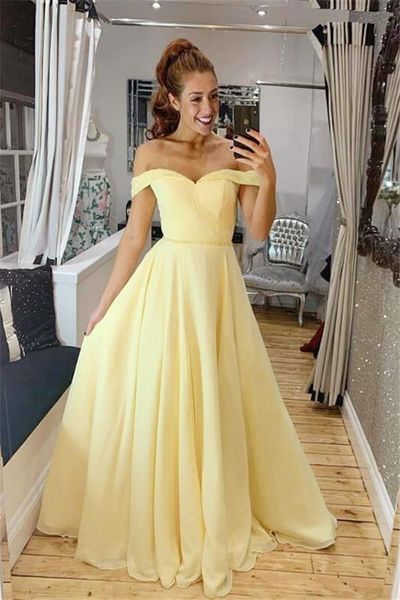 

yellow prom gown off the shoulder chiffon beads a-line evening dress with split custom made, Black