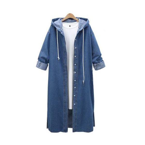 

ewq]long sleeve loose size long trench coat outwear hooded denim jacket long women's trench coat 2019 autumn new qk283, Tan;black