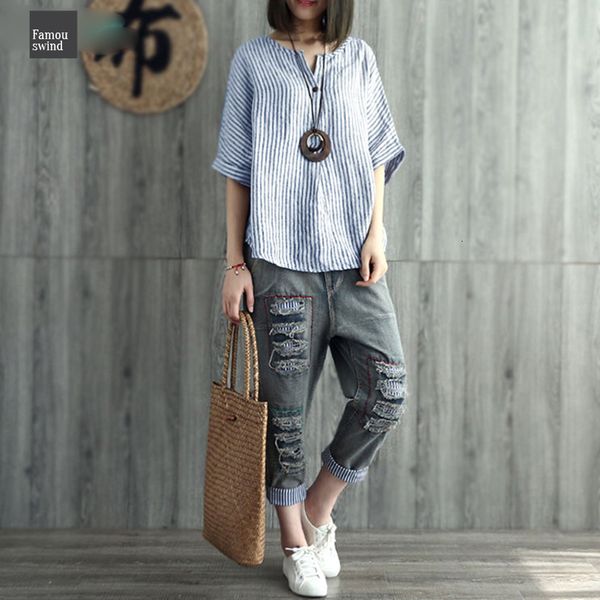 

блуза 2019 v шеи batwing рукавом женщины хлопок летний льняной полосатой рубашки вскользь сыпучие работы партии top blusas s 5xl, White