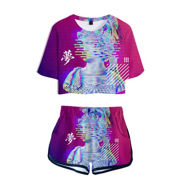 

vaporwave style printed women two piece set new game oversize navel short sleeve and beer short hip hop o-neck beersummer set, White