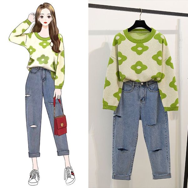 

2019 осень повседневная из двух частей набор женщин подсолнечник шаблон свободный пуловер свитер + рваные щиколотки отверстие джинсовые джин, White