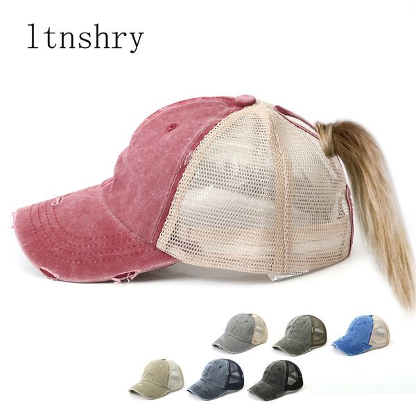 

2019 ponytail baseball cap women fashion mesh cap snapback summer women hat wash hats casual sport caps drop adjustable outdoor, Blue;gray