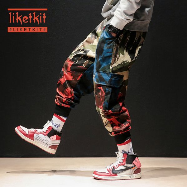 

liketkit men vintage harem pants 2020 new camouflage hip hop japanese streetwear cargo pants male casual joggers plus size, Black
