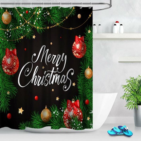 

fabric shower curtain set christmas ball green pine leaves bathroom decor hooks