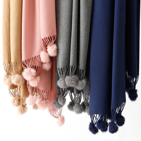 

autumn and winter new scarf female solid color fur ball cashmere warm monochrome tassel scarf thick warm shawl, Blue;gray