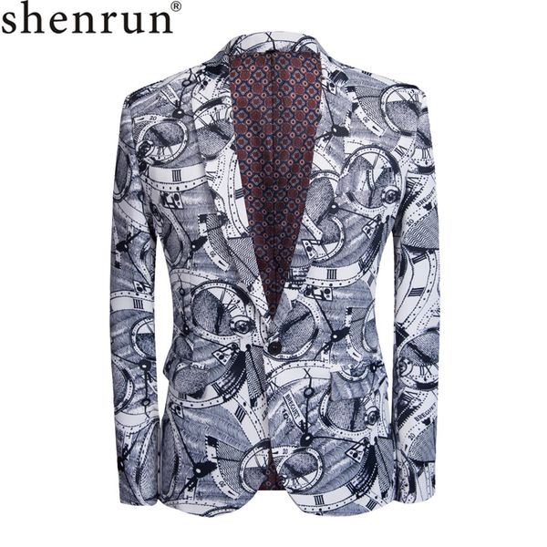 

shenrun brand m-5xl tide men retro vintage clock print leisure suit coat casual blazer hombre slim fit steampunk singer jacket, White;black