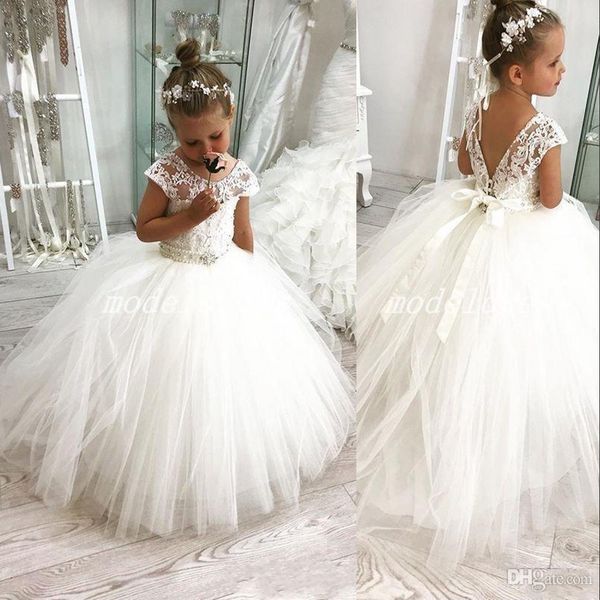 

cute new flower girls dresses for weddings illusion neck tulle crystal beaded sashes open back birthday girl communion pageant gowns, White;blue