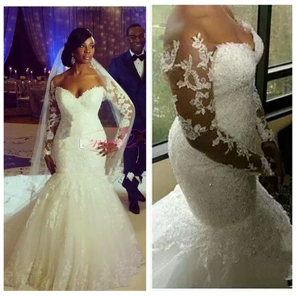 

2019 sheer long sleeves lace appliques slim vintage mermaid wedding dresses customized bridal gowns modest vestidos de mariee garden long, White