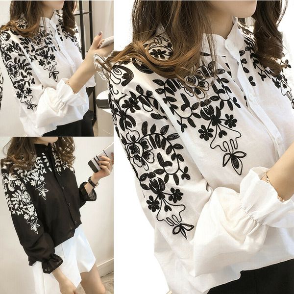 

2019 new style women long sleeve embroidery fashion button loose ruffles holiday summer shirt, White
