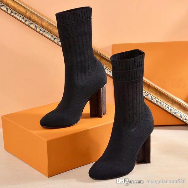 

2019 woman shoes in autumn and winter knitted elastic boots luxury designer short boots socks boots large size 35-42 high heeled shoes, Black