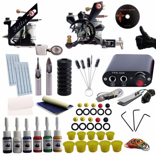 

complete tattoo kit 2 tattoo machines gun 6pcs ink set power supply grips body art tools set permanent makeup