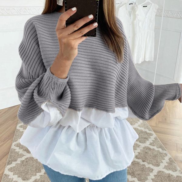 

sweater patchwork loose jacket women winter fashion ruffled knitted jumper casual streetwear female long sleeve blusas pullover, Black;red