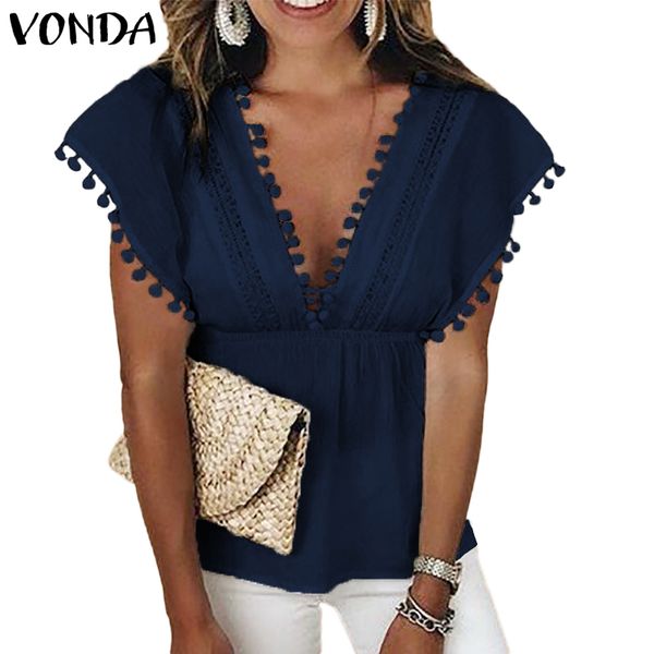 

vonda bohemian tunic sleeveless blouse women deep v neck 2019 summer tassel solid shirt elegant lady blusas plus size, White