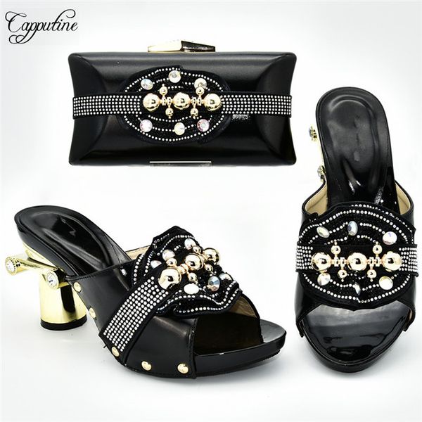 

amazing party sets black sandal shoes and handbag set with rhinestones for fashion lady 388-4, heel height 9cm