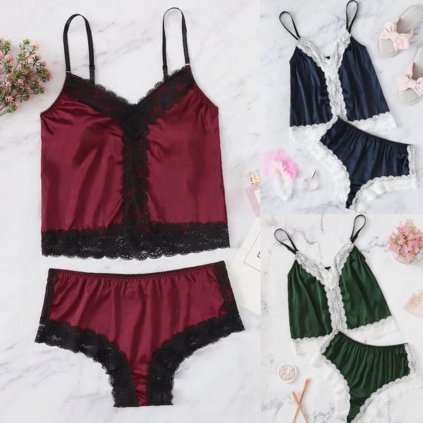 

women's sleepwear 2pcs womens satin lace babydoll nightdress pajamas set summer women girl nightwear, Black;red