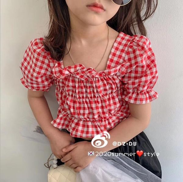 

2020 korean style girls plaid ruffles shirt fashion summer cotton girls blouse 3-9t f91, White;black