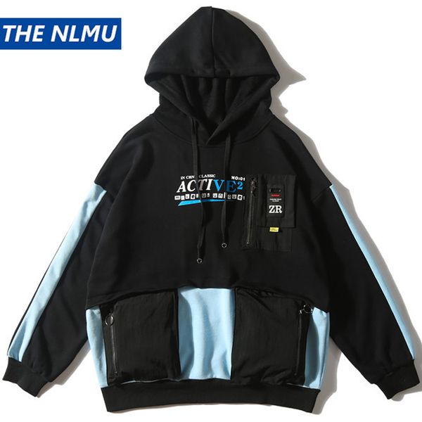

men's hoodies & sweatshirts hip hop hoodie men pockets color block patchwork pullover streetwear fashion casual wo016, Black