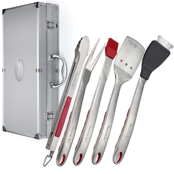 

sunnecko 6pcs bbq grilling tool set stainless steel tongs spatula fork silicone brush wireless brush storage case barbecue tool