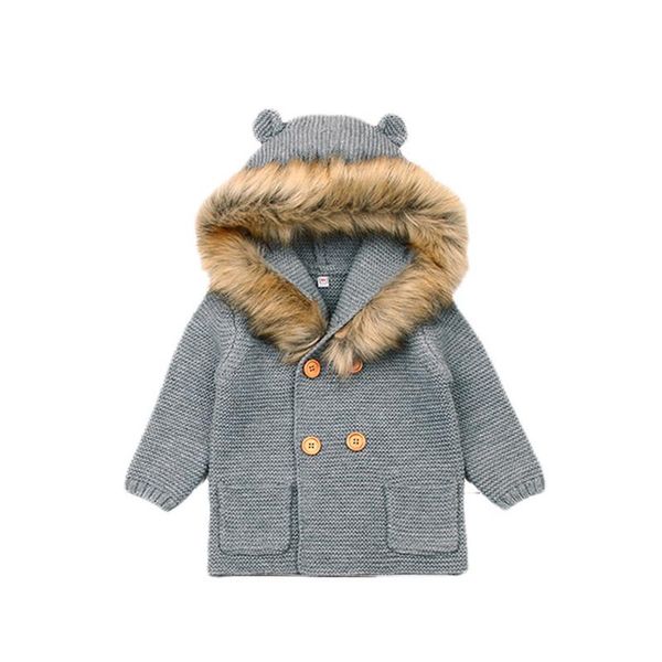 

children long sleeve fur collar coat cute bear ears knitted baby clothes baby long sleeve hooded sweater cardigan sweater, Blue