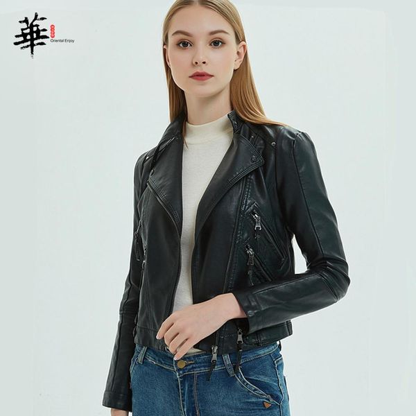 

pu leather jacket women 2019 spring autumn solid color zipper short slim motorcycle bomber jacket plus size coats, Black;brown