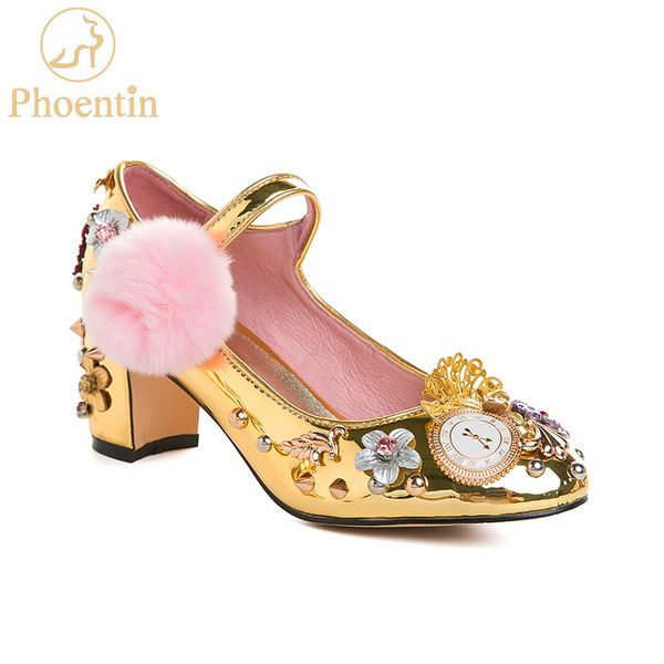 

phoentin court style mary jane shoes rivet crystal pumps with fur clock decoration 2020 gold high heels button closure ft333-1, Black