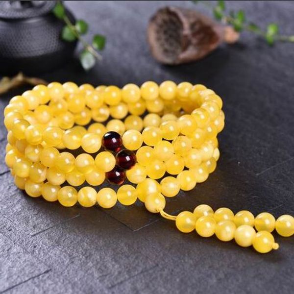 

chicken oil yellow fluttering honey wax round bead string amber 8mm108 bracelet for both men and women, Black