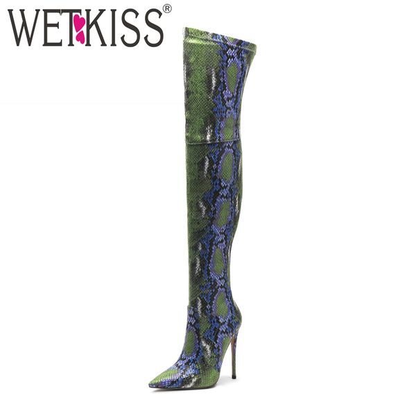 

wetkiss snake skin pu boots women over the knee boot female party shoes ladies pointed toe stretch shoes winter big size 45, Black