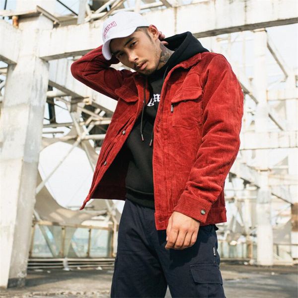 

mens solid color corduroy jacket 2018 autumn and winter high street tide male bf retro wash multi-pocket loose jackets clothes, Black;brown
